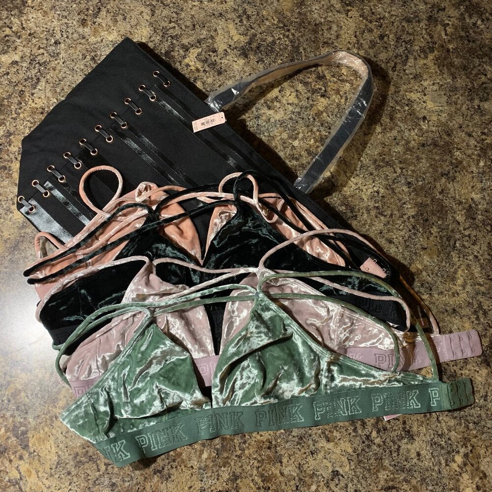 collection 4 PINK velveteen bralettes, size L, PLUS large VS black tote/purse